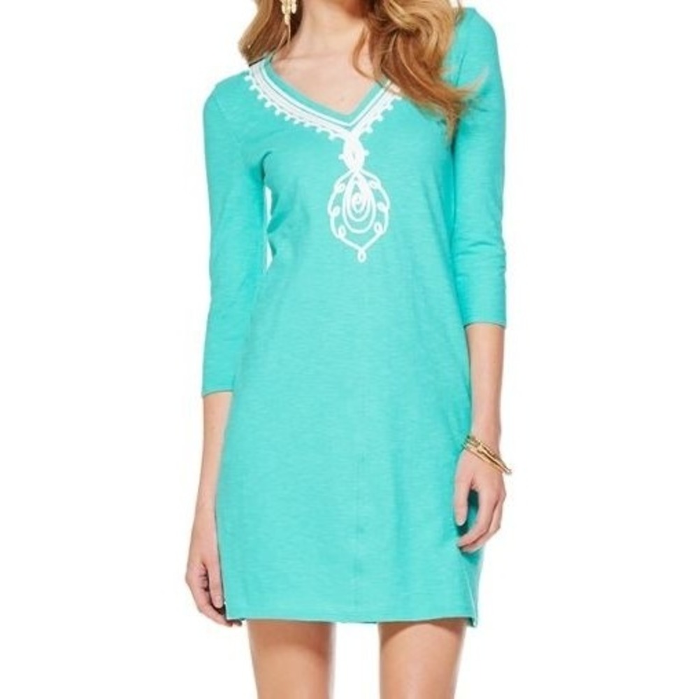 Lilly Pulitzer Tidewater Embroidered V-Neck Tunic Dress XS Green Beach Resort
